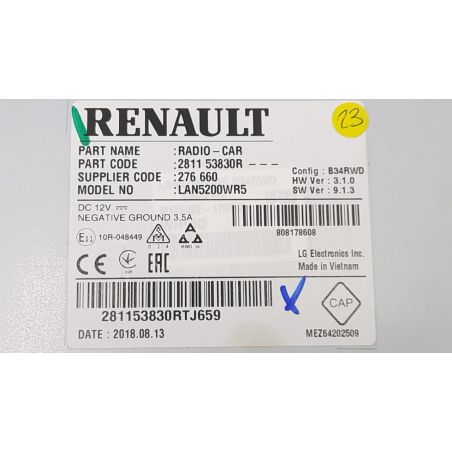 Car Radio Navigator Unlocking Code Not Provided for RENAULT Captur DCI 8V (66KW) SUV 5P/D/1461CC 281153830R